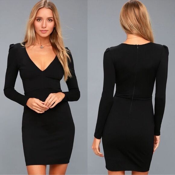 LULU'S Haute In Here Long Sleeve Deep V Mini Dress Black *Hemmed Size Small - Picture 1 of 8